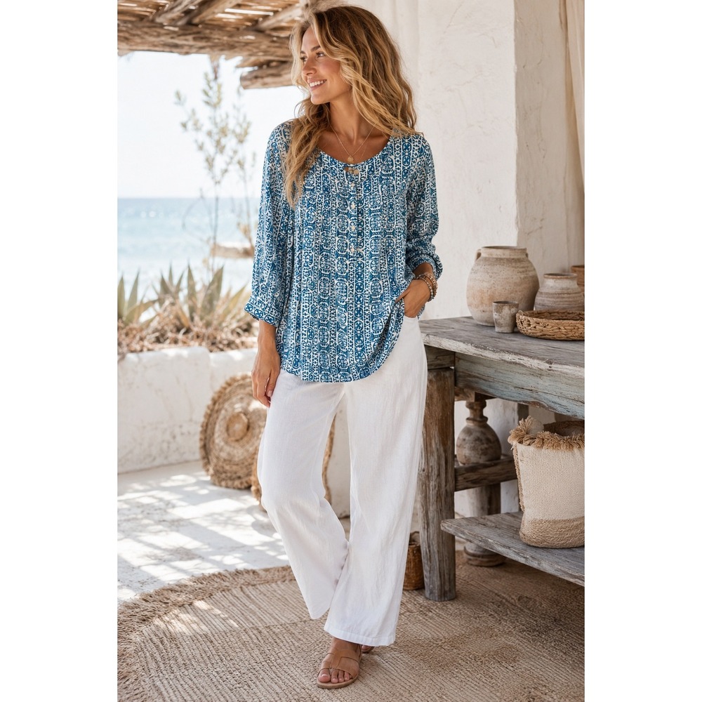 LOFT Blue White Geometric Tile Print Peasant Blouse Coastal Boho Resort Top L